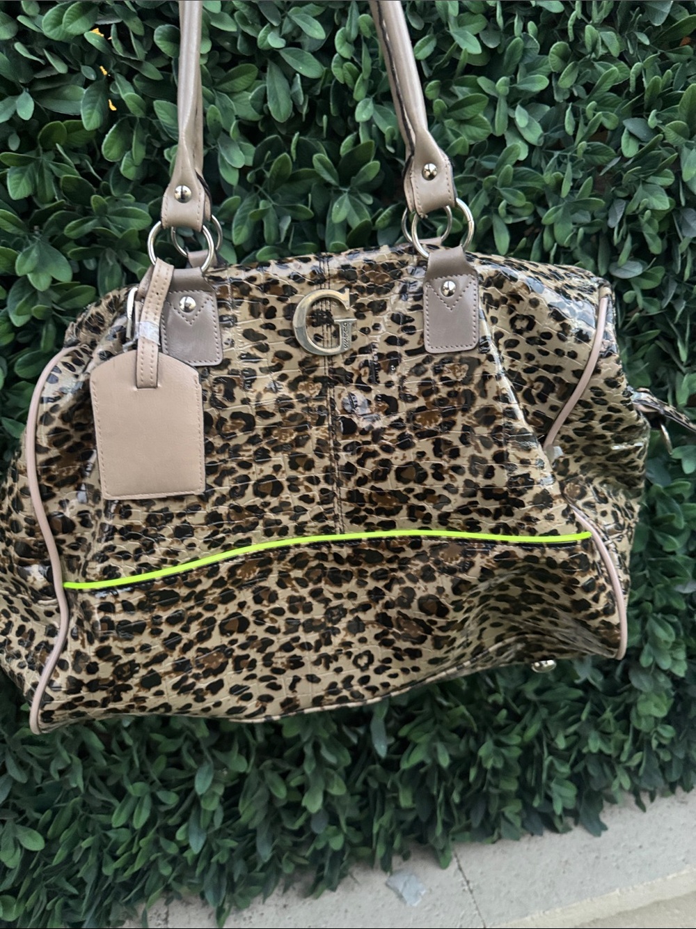 Guess Vintage Leopard Print Patent Duffle with Taupe Trim and Neon Accent